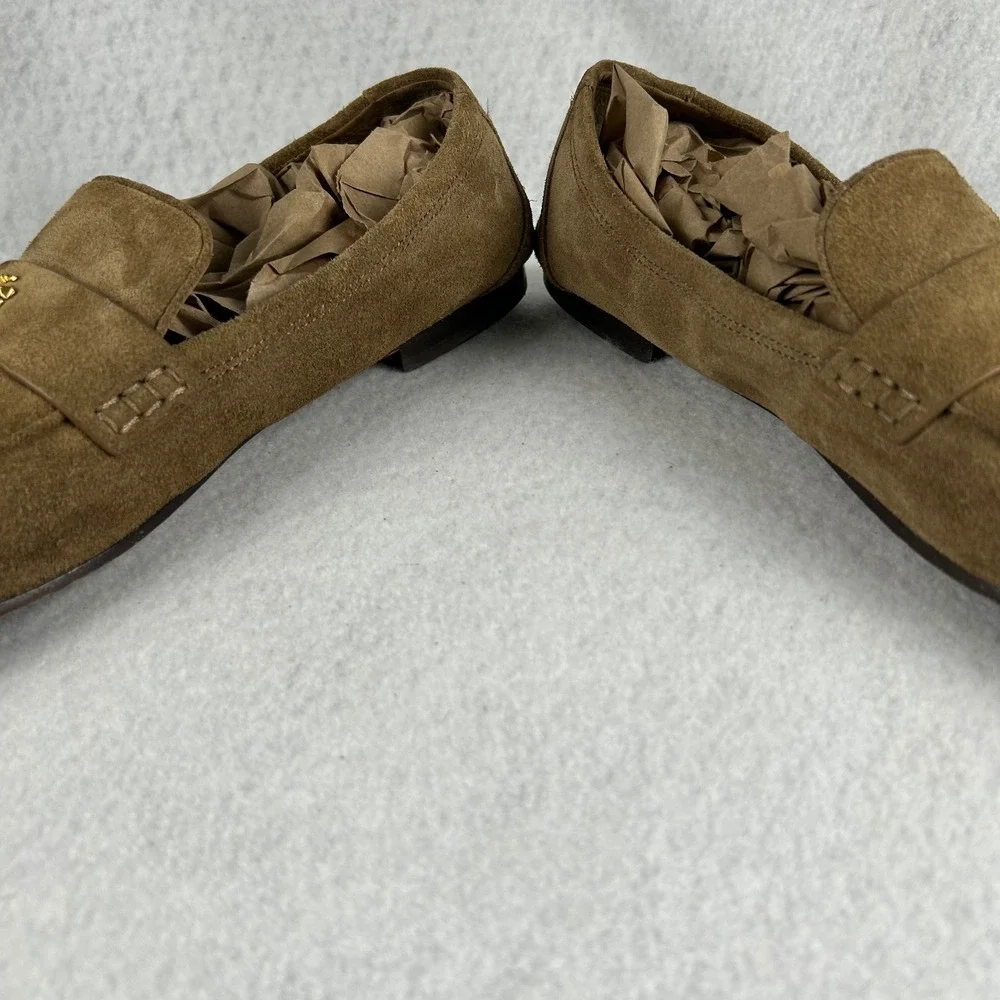 Tory Burch Loafers Womens Size 11M Tan Brown Suede Double T Logo Penny Shoes